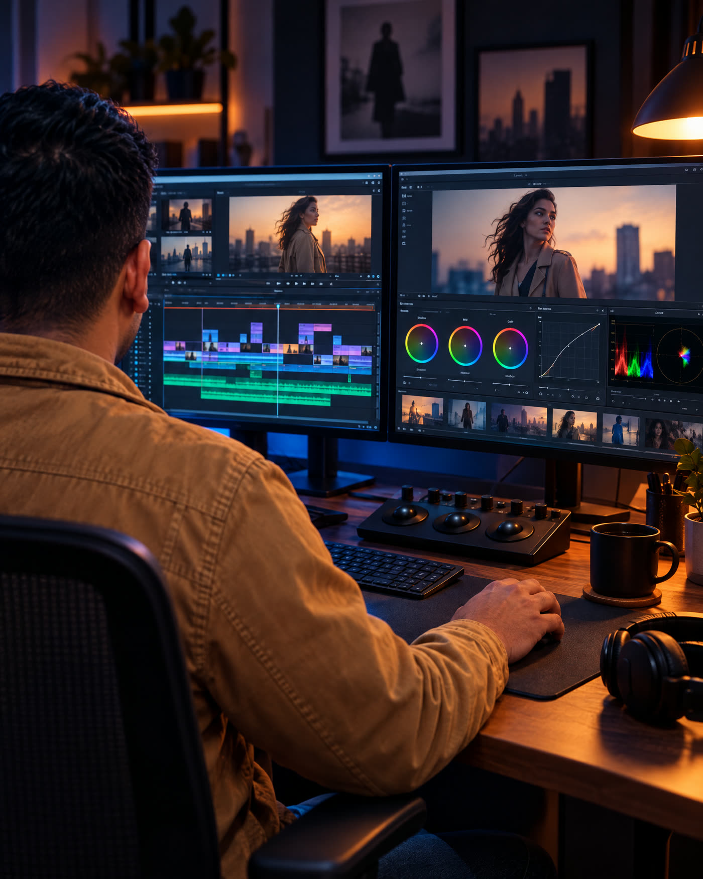 An editor color grades a film.